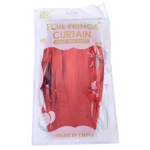 Red foil fringe curtain for birthday party decoration, shiny metallic door background backdrop.