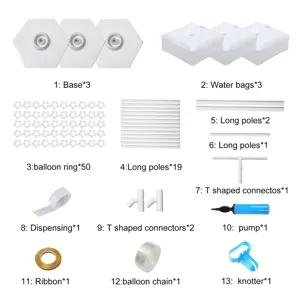 Details des composants du kit d'arche de ballon incluant bases sacs d'eau tiges et pompe outils.