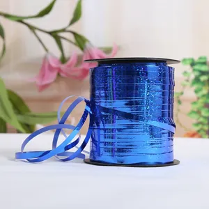 Blue laser curling ribbon close-up, perfect for balloon tying, gift wrapping and party decorations.