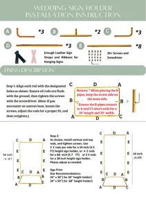 Guide d'installation de support d'arche de mariage réglable avec composants et tailles.