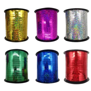 Colorful laser ribbon rolls for wedding balloon string and festive party decoration supplies.