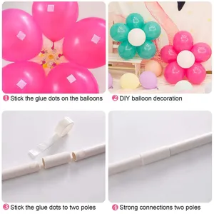 Detail view showing balloon arch pole installation guide and glue dots step-by-step instructions.