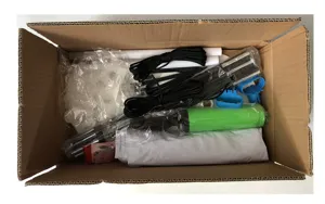 Details of balloon arch stand component kit including fiber rods, water bags, pump and clips.