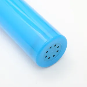 Blue plastic balloon hand pump detail shot, portable air inflator nozzle close-up.