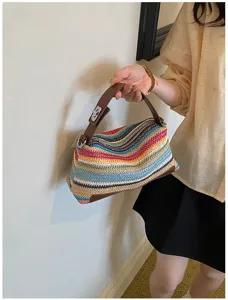 Joli sac à main tissé à rayures colorées pour femmes, élégant sac à bandoulière en paille.