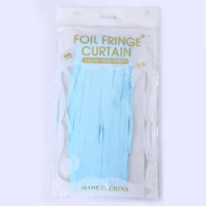 Light blue foil fringe curtain for birthday party backdrop decoration, shiny tinsel streamers.