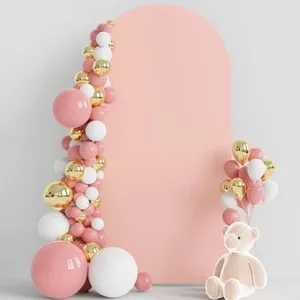 Pink arched backdrop cover for wedding birthday party photography with balloons and cute bear