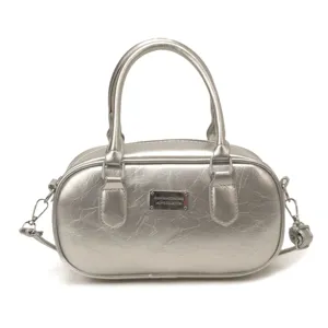 Silver retro bowling bag for women, stylish solid color shoulder and crossbody handbag SKU.