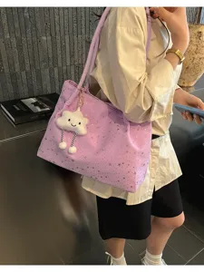 Korean style purple star canvas tote bag large capacity shoulder handbag for daily women