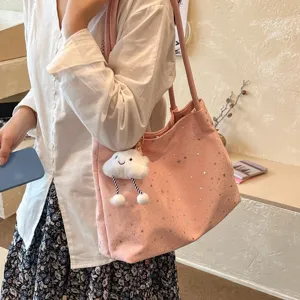 Pink Star Rhinestone Canvas Tote Bag Large Capacity Casual Shoulder Bag with Cute Cloud Pendant