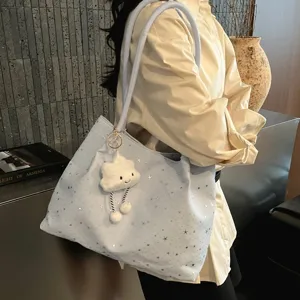 Light blue star print canvas tote bag with cute cloud pendant casual shoulder handbag for women