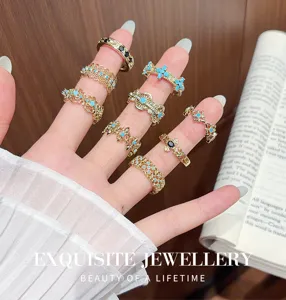 Elegant turquoise gold rings set, vintage open design dainty finger jewelry for women.