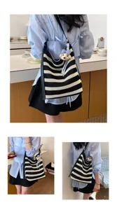 Black and white striped tote bag with cute bear pendant, stylish casual shoulder bag for women.