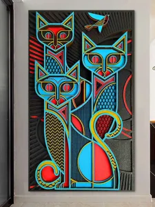 Art mural chat en bois multicouche 3D, décoration suspendue style asiatique pour la maison.