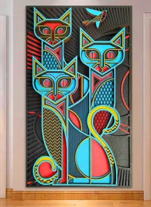 Vue détaillée de l'art mural en bois 3D avec design chats géométriques pour la déco.