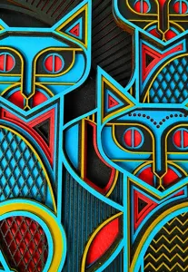 Art mural chat hibou en bois superposé détail, décoration géométrique tribale.