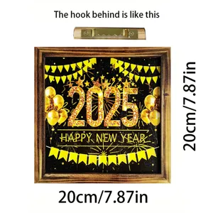 2025 New Year wooden photo frame pendant, black and gold glitter festival wall hanging decor.