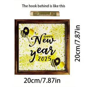 New year wooden photo frame pendant, 20x20cm square festival wall hanging decoration for home.