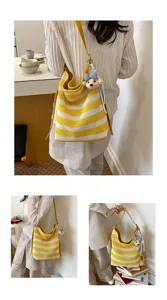 Casual striped mesh tote bag with cute bear pendant, large capacity summer shoulder bag for women.