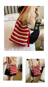 Red and white striped mesh tote bag, casual large capacity single shoulder crossbody bag.