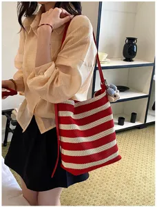 Red and white striped knitted tote bag, large capacity casual shoulder handbag for women.