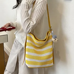 Summer striped knit tote bag large capacity casual shoulder crossbody bag for women yellow