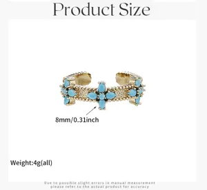 Gold-plated turquoise clover open ring with exquisite beaded edge design size details