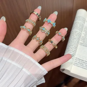 Vintage Coffee Gold Hollow Adjustable Open Ring For Women Rhinestone Faux Turquoise Flower Statement Index Finger Ring Jewelry Gift
