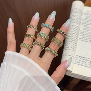 Vintage coffee gold turquoise rings set, elegant diamond-inlaid open finger rings for women main