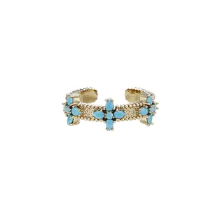 Exquisite gold-plated blue turquoise four-leaf clover open ring for women, stylish daily jewelry.