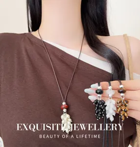 Natural stone beaded long sweater chain with adjustable black rope for women jewelry