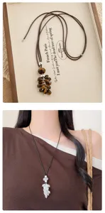 Natural stone pendant necklace with leather cord and crystal beads for women fashion.