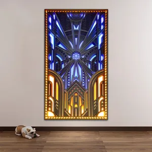Großes Art Deco LED leuchtendes Wandbild mit mehrschichtigem Holzdesign für die Luxusraumdekoration.