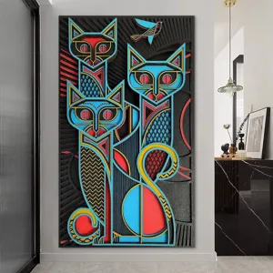 Art Mural de Chat en Bois Sculpté 3D Superposé Décoration Murale en Bois de Chat Géométrique d'Asie du Sud-Est Pour Salon Maison