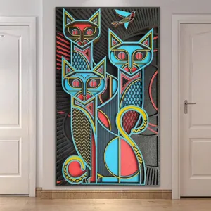 Art mural en bois sculpté en relief 3D, style asie du sud-est chat géométrique décoration suspendue salon.