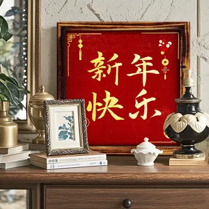 Wooden New Year Desktop Ornament Square Photo Frame With Calligraphy Text Red Gold Lucky Lantern Pattern Festive Home Decor