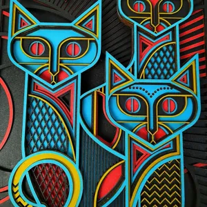Art mural de chat en bois multicouche style Asie du Sud-Est, decor creative pour salon et entree.