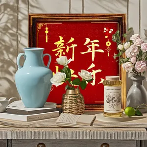 New Year wooden photo frame desktop decoration with red calligraphy design for holiday home table decor