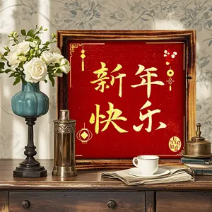 New Year wooden photo frame with red calligraphy desktop decoration ornament for holiday.