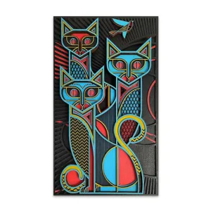 Tableau mural en bois sculpté 3D avec chats, style asiatique pour décoration de salon.