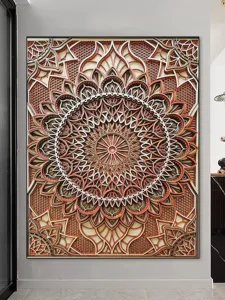 Dettaglio dell'arte murale mandala in legno 3D, design intagliato traforato geometrico.
