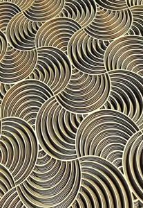 Detailed view of modern 3D layered carved wall art with black and gold geometric concentric circles.