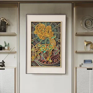 Dipinto murale decorativo intagliato a strati di cervo a nove colori stile wabi-sabi.