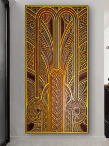 Detailed view of abstract mandala wooden wall art panel, multi-layered carving decor for hallway.