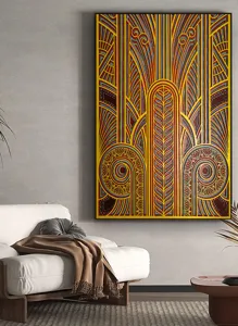 Multi-layered wooden wall art mandala carving hanging in modern living room detail view.