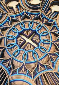 Handcrafted multi-layered wooden mandala wall art, intricate laser-cut geometric decor detail.