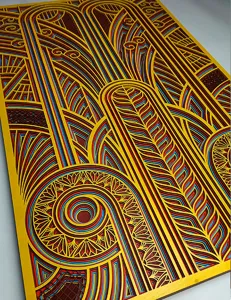 Exquisite multi-layered wooden carved wall art detail showcasing intricate geometric mandala depth.