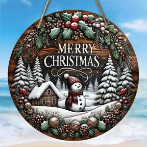 Panneau Suspendu en Bois de Noël Couronne de Bonhomme de Neige Décoration Murale Fête