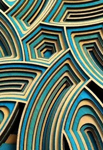 Close-up detail shot of a 3d wooden layered carved abstract geometric wall art decor piece.