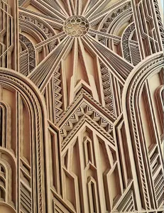 3D houten gelaagde mandala wandkunst detail, ingewikkelde geometrische snijwerk en architectonische boog.